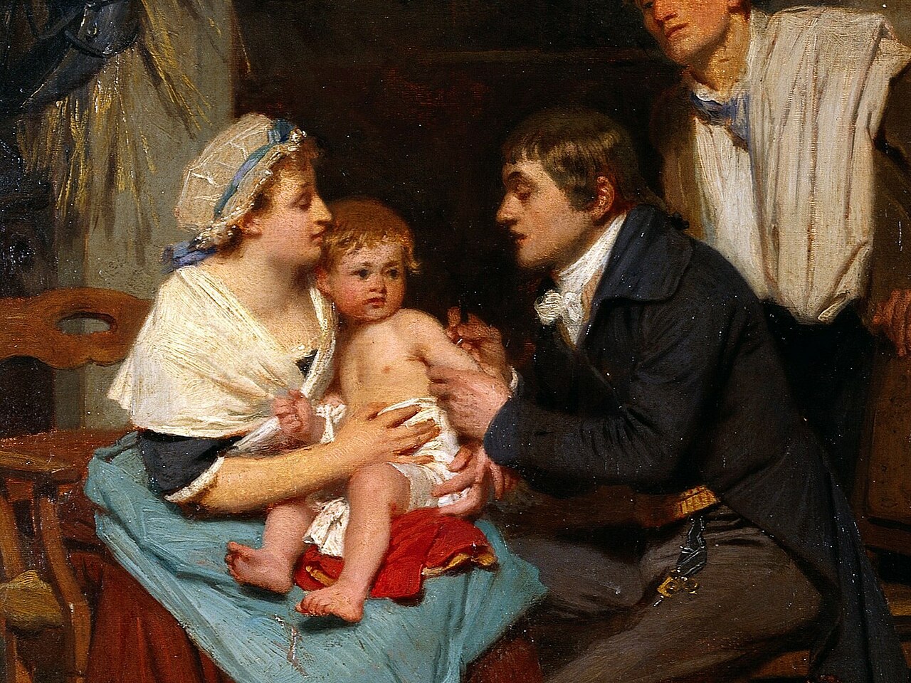Edward Jenner vaccinating a boy (oil painting by E.-E. Hille, Wellcome Collection). Prebunking immunises against disinformation in the same way.